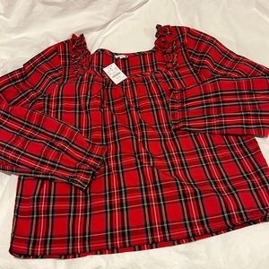 JCrew Factory Cotton poplin tartan squareneck ruffle top